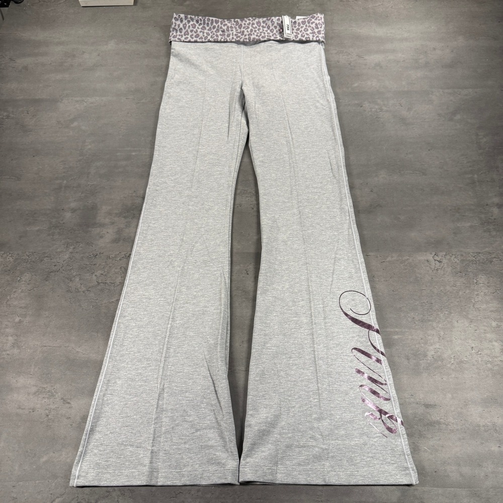 PINK Yoga Pants Women S Foldover Flare Gray Rhinestone Leopard Graphic NEW